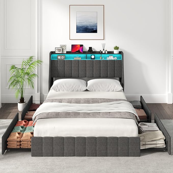 Full Size Bed Frame with 4 Storage Drawers & Adjustable LED Light, Upholstered Full Size Platform Bed Frame with Storage Wingback Headboard, Easy Assembly, Dark Grey