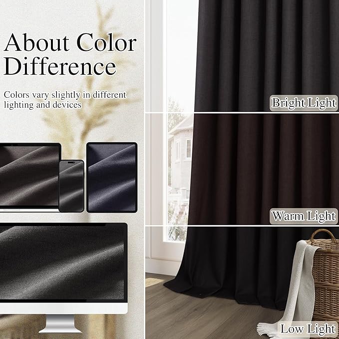 Guken Black Linen Blackout Curtains 84 Inch Length 2 Panels Set for Living Room Bedroom Back Tab Thermal Insulated 100% Black Out Linen Drapes Room Darkening Window Curtains 84 Inches Long