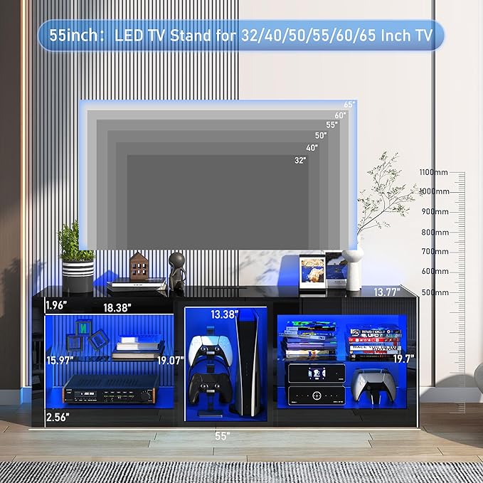 Vinctik 6&Fox LED TV Stands w/Power Outlet,60,00-Colors Lighting for 60 65in TV, 55" Modern High Gloss Entertainment Center,TV Console W/Adjustable Glass Shelves for Living Room Game Bedroom (Black)