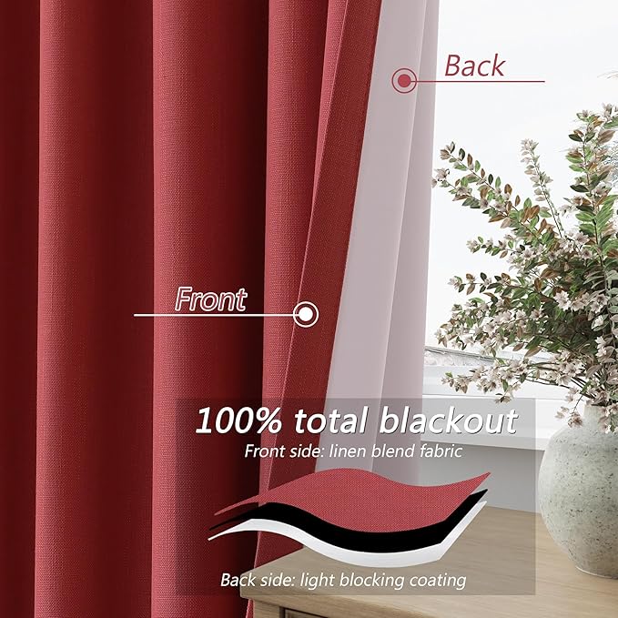 Guken Red Blackout Curtains 120 Inch Length 2 Panels Set for Living Room Bedroom Back Tab Thermal Insulated 100% Black Out Linen Drapes Room Darkening Window Curtains 120 Inches Long