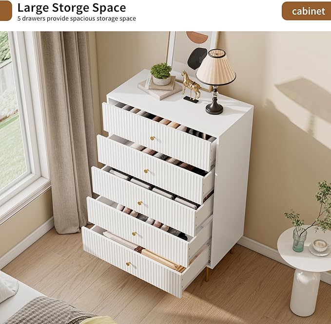 5 Drawer Dresser for Bedroom, Tall Dresser Chest of Drawers with Gold Handles, Wood Storage Cabinet for Bedroom, White