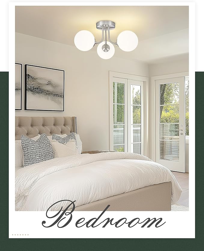 3-Globe Brushed Nickel Semi Flush Mount Ceiling Light in a Modern Farmhouse Design is Ideal for Living Rooms, Bedrooms, or Dining Rooms. Model:CKCL4845-3W-BN