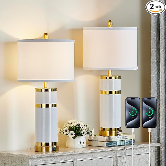 Ceramic Gold-Plated Decorative 28" Table Lamps Set of 2 with E26 Socket&Rotary Switch,USB A+C Ports,Modern Bedside Lamps for Nightstand,Bedroom,Living Room,Decoration,Office(Bulbs Included)