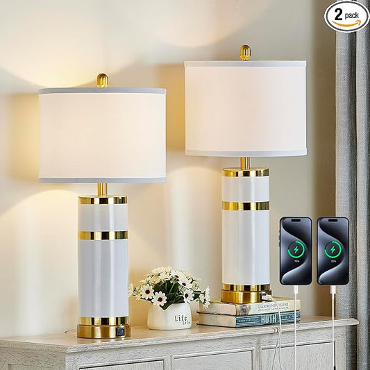 Ceramic Gold-Plated Decorative 28" Table Lamps Set of 2 with E26 Socket&Rotary Switch,USB A+C Ports,Modern Bedside Lamps for Nightstand,Bedroom,Living Room,Decoration,Office(Bulbs Included)
