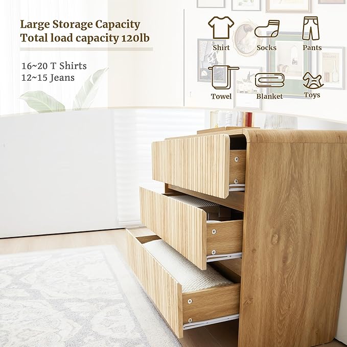 Fluted 3 Drawer Dresser for Bedroom,Mid Century Modern Wide Chest of Drawer,Curved Edge Wood Closet Dresser Nightstand for Bedroom Living Room Hallways (Natural, Wide 3 Drawer)