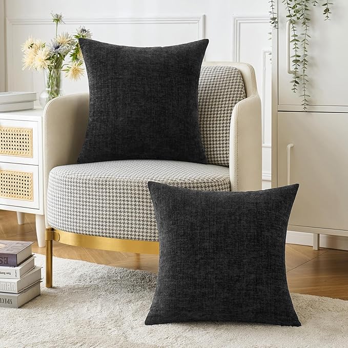 MIULEE Pack of 2 Black Throw Pillow Covers 16x16 Inch Soft Chenille Pillow Covers for Sofa Living Room Couch Solid Dyed Cases