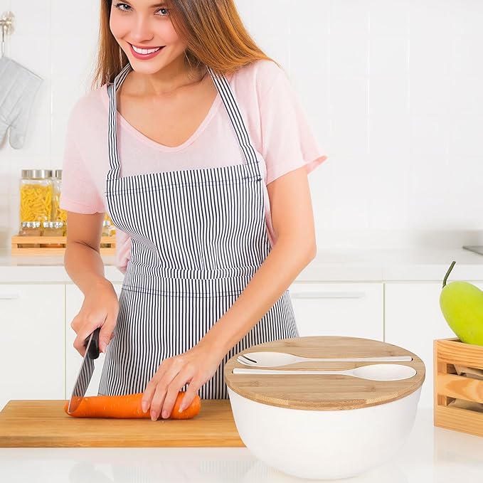 GEHE Bamboo Salad Bowl with Servers Set - Large 9.8 inches mixing bowls Solid Bamboo Salad Wooden Bowl with Lid Spoon for Fruits,Salads and Decoration (White, 9.8INCH)