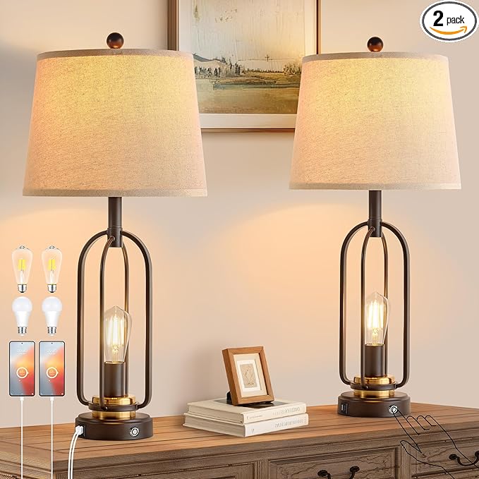 Farmhouse Table Lamps for Living Room Set of 2, 28.5" Tall Rustic Table Lamps with USB Ports, 3-Way Dimmable Vintage Bedside Lamps for Bedroom Nightstand, Bulbs