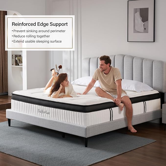 Suiforlun Queen Mattress, 14 Inch Hybrid Mattress Queen, Gel Memory Foam and Heavier Coil Pocket Spring for Lumbar Support & Back Pain Relief, Medium-Firm, 120 Nights Trial