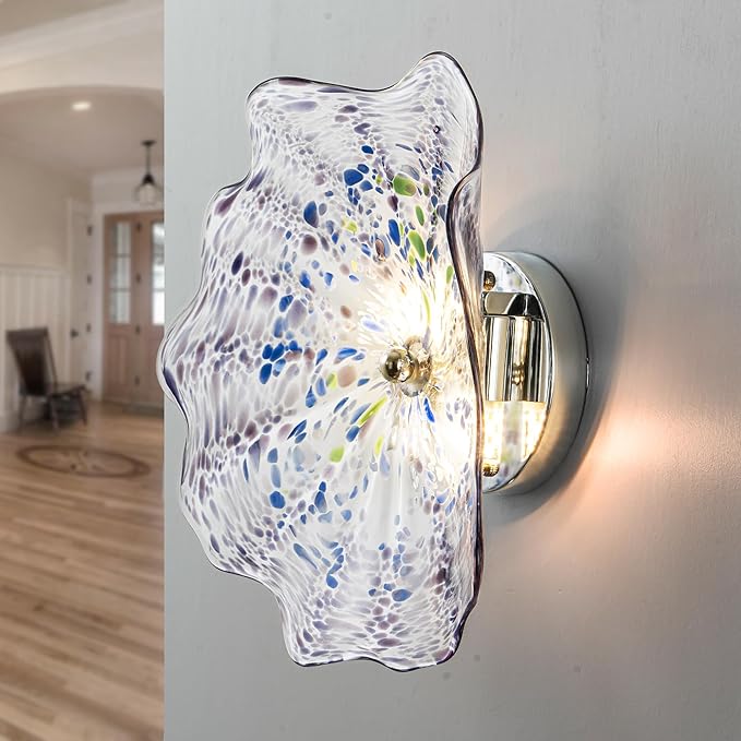 Hand Blown Glass Plate Wall Decor, Modern Unique Glass Wall Art, Lotus Leaf Wall Plate Shape Wall Sconce with Transparent and Easy to Clean for Staircase, Living Room, Kitchen, Hallway (Blue-2)
