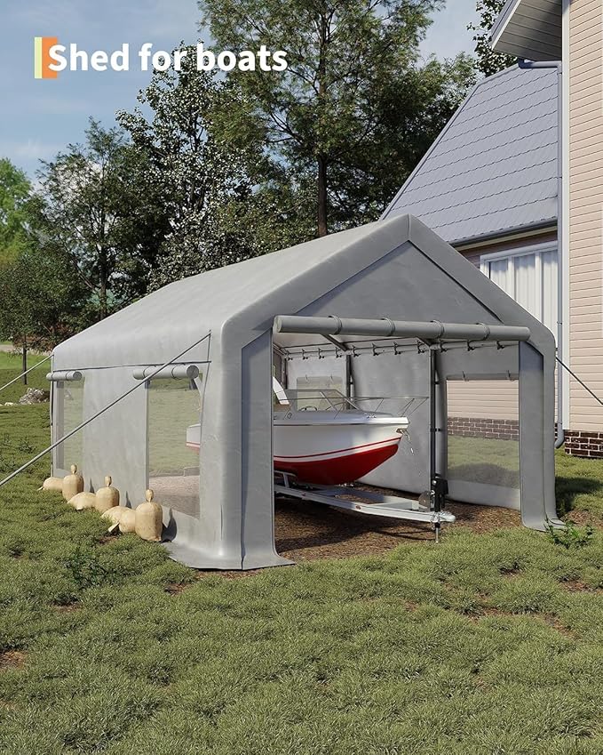 12 x 20FT Heavy Duty Carport with Roll-Up Windows, Portable Garage with Removable Sidewalls & Doors, Portable Car Tent Garage with Roll-Up Windows and All-Season Tarp, for Car, Truck,