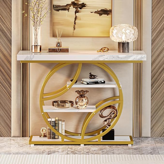 Huuger 41.3 Inch Entryway Table with Marble Top, Modern Console Sofa Table, Accent Table with Shelves, for Entry, Hallway, Entrance, Foyer, O-Shaped Metal Frame, White Marble & Gold