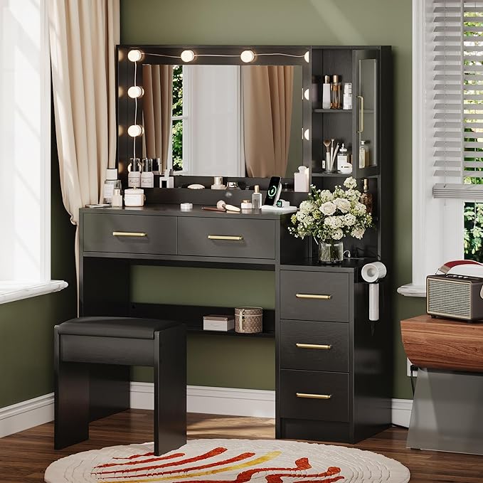 Makeup Vanity with Lights & Charging Station, Black Vanity Table with 5 Drawers & Open Storage Shelves, Bedroom Makeup Dressing Table Set for Women Girls Golden Handles