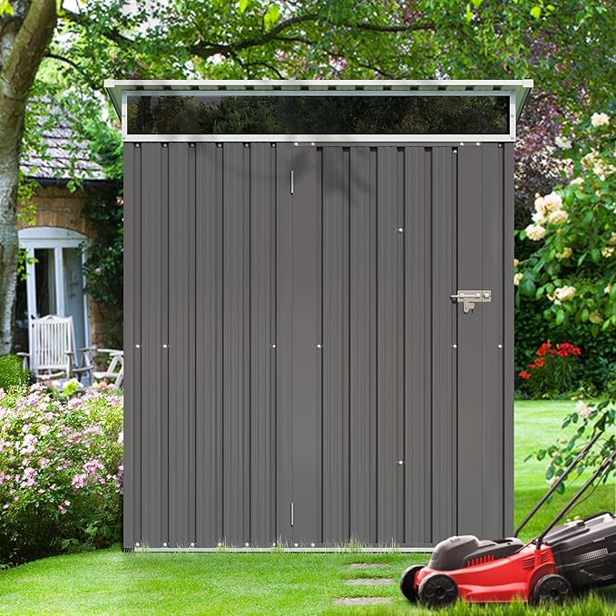 Shintenchi 5x3 FT Outdoor Storage Shed with Window, Outdoor Waterproof Storage Shed Metal Garden Shed with Lockable Single Door, Weather Resistant Tool Storage House Shed for Garden,Backyard,Dark Gray