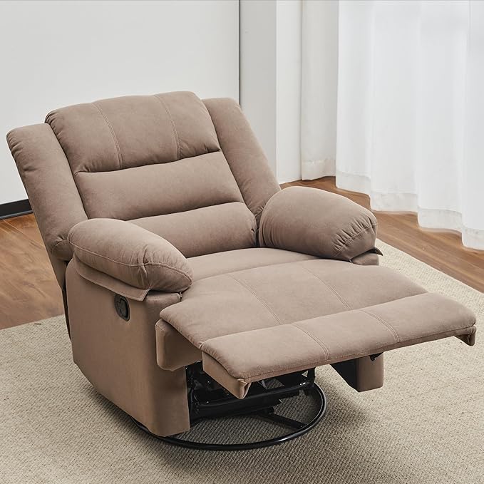 Swivel Rocking Recliner Chair for Adults, Overstuffed Manual Rocker Nursery Recliner Glider, Upholstered Fabric Reclining Single Sofa Chair for Living Room (Mocha)