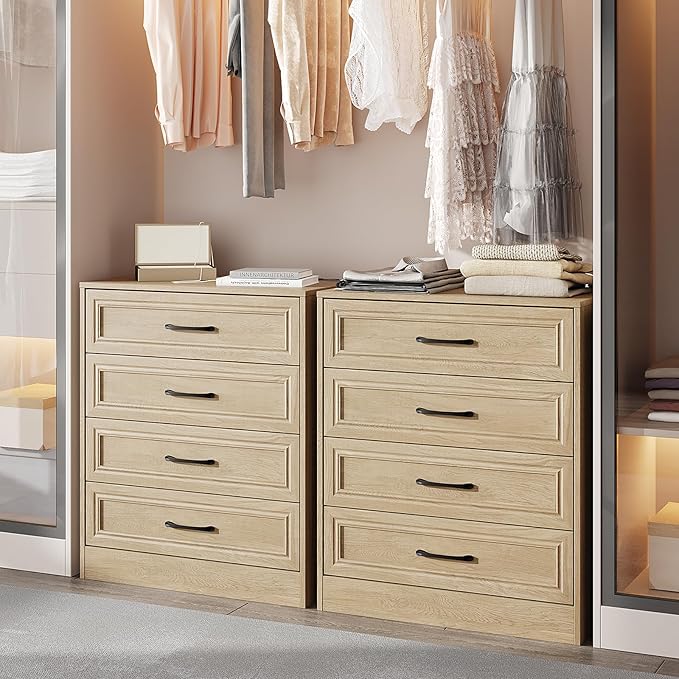 Fameill Dresser for Bedroom, 4 Drawer Small Dresser Organizer with Charging Station for Livingroom, Chest of Drawers with Metal Handles, Oak