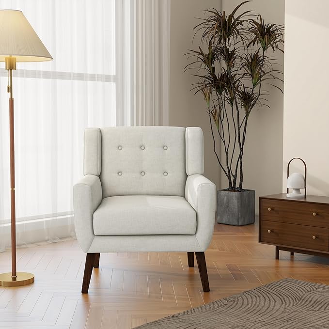 Accent Chair, Mid-Century Modern Fabric Chairs with Arms for Living Room, Comfy Upholstered Club Single Sofa Armchair for Bedroom Waiting Room with Solid Wood Frame (Fabric Beige, Set of 2)