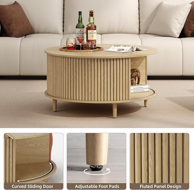 Round Coffee Table with Storage, Mid Century Modern Center Table with Sliding Cabinet Door, Fluted Dining Table for Living Room, Home Small Space, 31.5", Oak