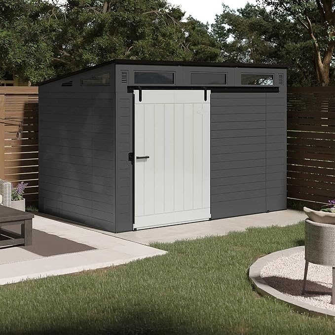 Suncast Modernist 10 Foot by 7 Foot Outdoor Plastic Storage Shed with Pad Lockable Sliding Barn Door for Outdoor Storage Items, Gray and Black