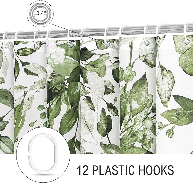 Gibelle Extra Long Shower Curtain 72 x 84, Tall Olive Green Floral Shower Curtain for Bathroom, Watercolor Plant Eucalyptus Leaves Fabric Shower Curtain Set with Hooks