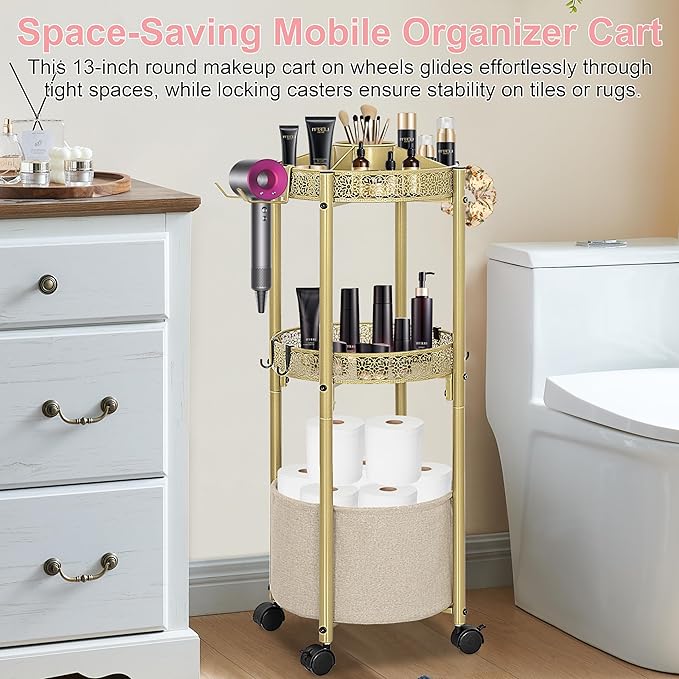 3-Tier Rolling Makeup Organizer Cart with Hair Dryer Holder - Salon-Grade Cosmetic Organizer, Mobile Bathroom Storage Cart for Skincare, Makeup Essentials -Locking Wheels (Gold Finish)