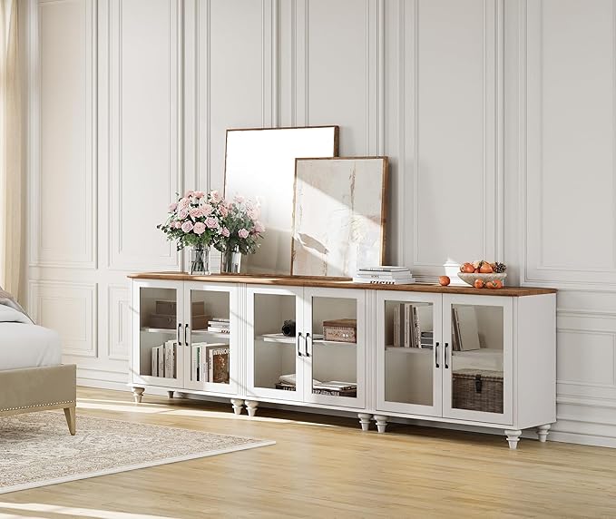 WAMPAT Modern TV Stand for 100 Inch TV, Wood TV Cabinet Entertainment Center for 95/90/85 Inch TV, Large Kitchen Buffet Cabinet with 6 Glass Door for Dining Room & Living Room, White