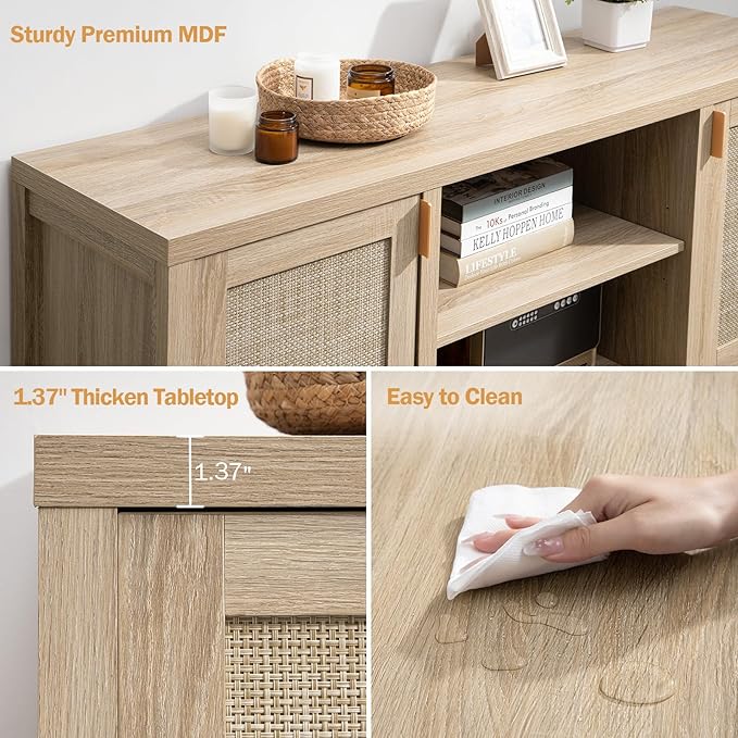 SICOTAS Rattan TV Stand for Living Room - 26" Tall TV Console Cabinet with Storage and Adjustable Shelf, Boho Entertainment Center, 59" Media Console for 50, 55, 65 Inch TV, Light Oak