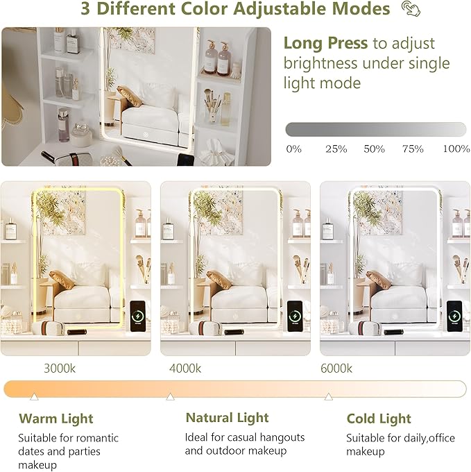 Small Vanity Desk with Mirror and Lights, Makeup Vanity with LED Lights, White Vanity Mirror with Lighted Desk and Chair, 3 Lighting Adjustable Compact Dressing Table with Mirror for Women, Girls