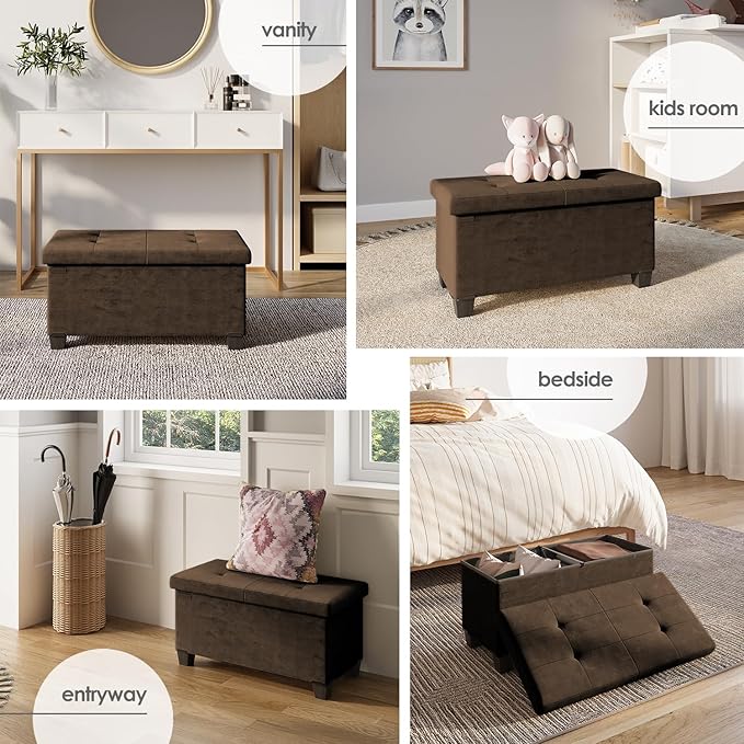 STORAGEBUD Storage Ottoman Bench with Bins, 30-in Storage Bench for Bedroom End of Bed, Folding Foot Rest Ottoman for Living Room Max 660lbs, Velvet Ottomans, Brown