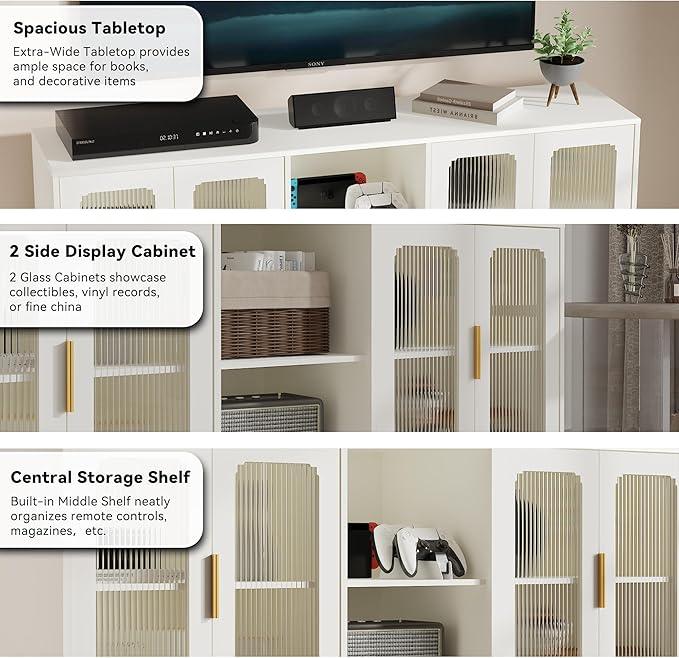 65 Inch White TV Stand for TVs up to 70+ inch, Mid Century Modern Glass Door TV Console Table, Entertainment Center with Storage Cabinet, Wood Media Console for Bedroom, Living Room (White)