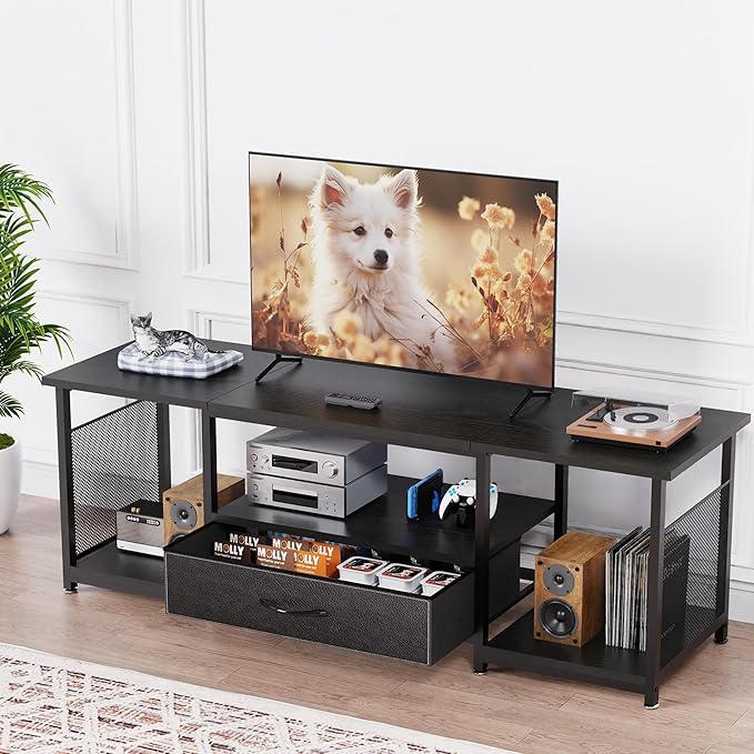 TV Stand with Drawers and Open Storage Shelves for 65 60 55 Inch TV, Entertainment Center with Open Storage Shelves, Industrial Media TV Console Table for Living Room Bedroom Office, Black