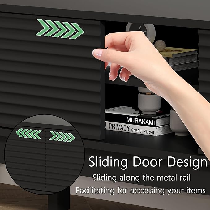 Fluted TV Stand for 55 65 Inch TV, Mid Century Modern Entertainment Center with Shelves, Cabinets & Sliding Doors, TV Media Console Table with Wood Feet & Cord Holes for Living Room, Bedroom, Black