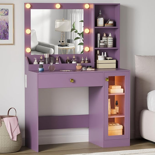 Small Vanity Desk with Mirror and Lights, Makeup Vanity Desk with Adjustable Brightness 3 Light Modes, RGB Storage Cabinet, Power Outlet, Drawer, Shelves (Lavender Mist)