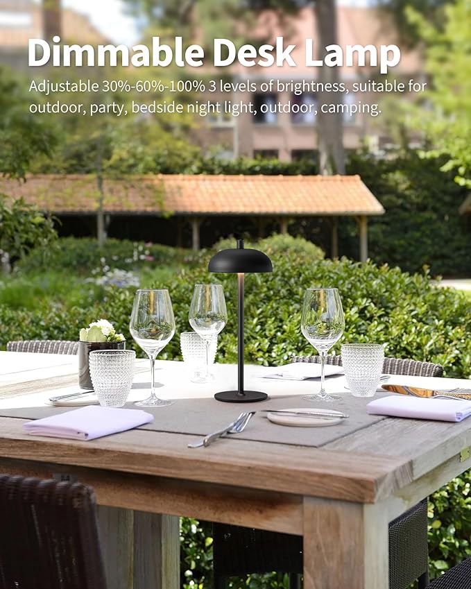 Cordless LED 12" Small Table Lamps Set of 2, Modern Portable Desk Lamp, 3 Color Dimming Rechargeable Battery Lights for Bedroom, Outdoor, Restaurant, Bedside, Baby Night Light, Gifts (Black)