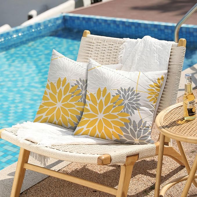 Yellow and Grey Floral Pillow Covers 20x20 Set of 2 Outdoor Waterproof Decorative Throw Pillows Summer Pillow Covers Polyester Cushion Case Decor for Couch Patio Funiture Garden Porch 01Z20