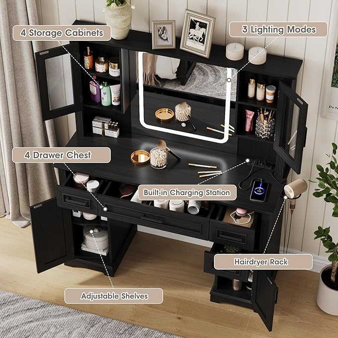 Maupvit Farmhouse Vanity Desk with Mirror and Lights, Makeup Vanity Table with Charging Station, 45" Bedroom Table with 4 Drawers and Cabinets, 3 Lighting Modes, Black