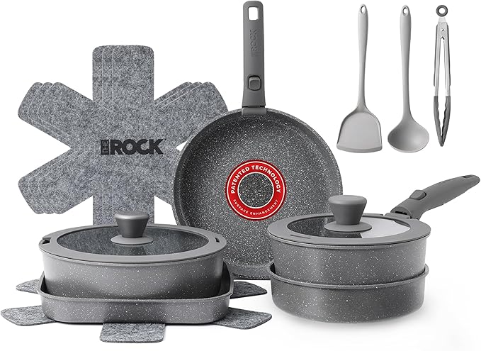 THE ROCK SMART SPACE Ceramic 16pc Nonstick Pots and Pans Set with ROCK.TEC, Cookware Set with Detachable Handles, Scratch/Stain/Crack Proof, Oven & Dishwasher Safe, PFAS & PFOA Free, Grey