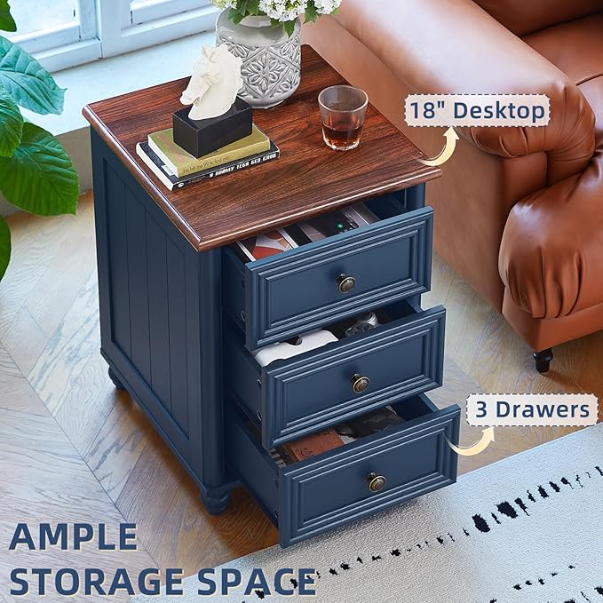 18" Farmhouse Night Stand, Blue Wood Nightstand with 3 Drawers, Bedside End Table with Storage and Roman Column, Bed Side Tables Cabinet for Bedroom, Living Room, and Closet