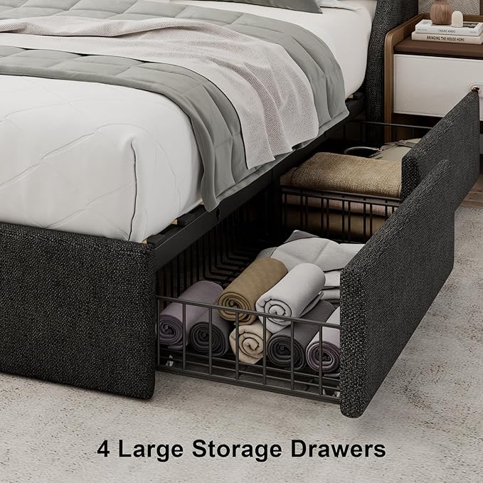 Upholstered Queen Bed Frame with 4 Storage Drawers, Modern Platform Bed with Wingback Headboard, Charging Station, No Box Spring Needed, Dark Grey