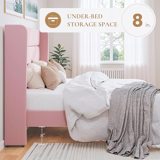 SHA CERLIN Queen Size Velvet Bed Frame/Vertical Channel Tufted Wingback Headboard/Upholstered Platform Bed with Wooden Slats/Mattress Foundation/No Box Spring Needed/Easy Assembly/Pink