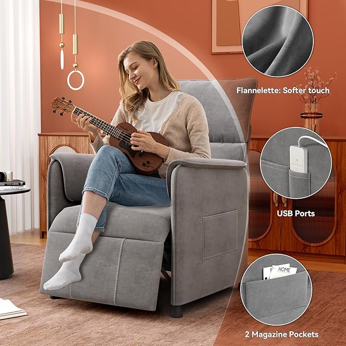 Recliner Chair，Electric Adjustable Flannelette Recliner with Remote Control and Padded Backrest,Home Theater Recliner Single Sofa Seat with Thick Seat Cushion for Living Room Bedroom (Grey)