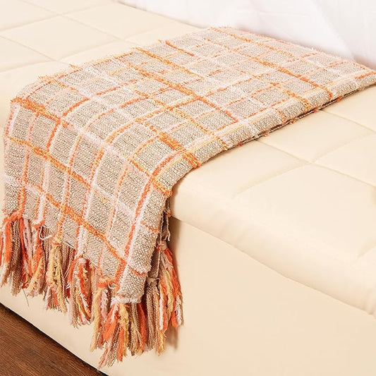 Gealaek Boho Throw Blanket Lightweight Fuzzy Soft Cozy Decorative Blankets for Sofa Bed Farmhouse Throw Blanket Mexcican Blanket with Tassel Khaki Orange Yellow Textured 50" x 60"