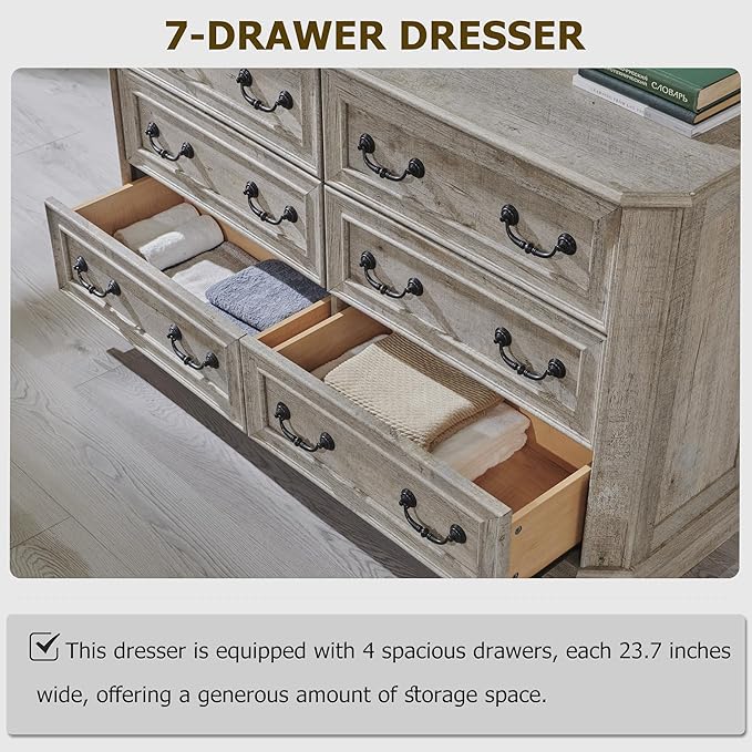T4TREAM Farmhouse 6 Drawers Dresser for Bedroom, 54" Wide Wood Rustic Chest of Drawers with Natural Texture, Vintage Design, Storage Dressers Organizer for Bedroom, Living Room (Light Rustic Oak)