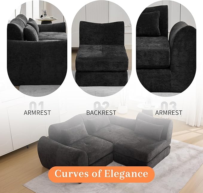 MAXMAXX 102" Modular Sectional Cloud Sofa,4-in-1 Folding Convertible Sofa Bed, Floor Boneless Couch, Modular Cushion Couch,Suitable for Living Room,Bedroom and Recreation Room (Black)