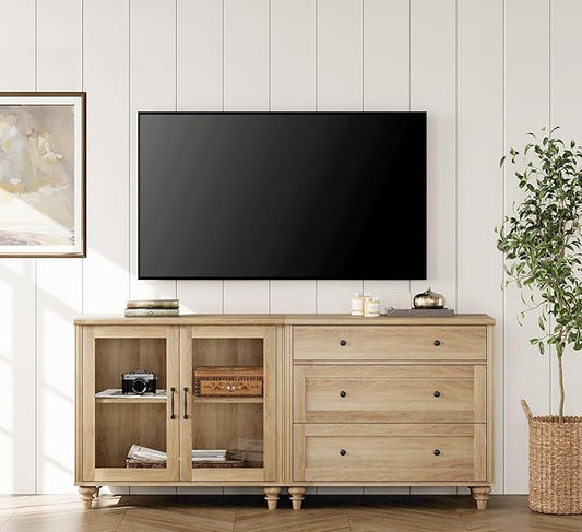 WAMPAT TV Stand for 75 Inch TV, Wood TV Cabinet Entertainment Center Television Stands for Living Room, 2-in-1 Sideboard Buffet Cabinet with Glass Door & Drawer for Kitchen, Oak