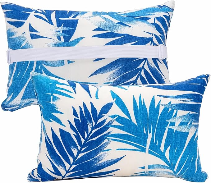 JMGBird Outdoor Pillow for Chaise Lounge Chair Set of 2 Waterproof Headrest Pillow Lumbar Pillows with Insert & Adjustable Elastic Strap for Beach Poolside Patio Office, 10x16 Inch