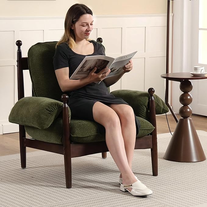 Mid Century Modern Accent Chair with Arms, Upholstered Spindle Chair with Wood Frame, High-Resilience Sponge Cushion for Living Room Bedroom Office