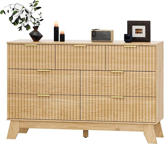 Fluted Dresser for Bedroom with 7 Drawer, Mid Century Modern Chest of Drawers, 48" Wide Natural Wood Dresser for Closet, Wooden Boho Chest Closet Storage TV Stand for Bedroom, Nature