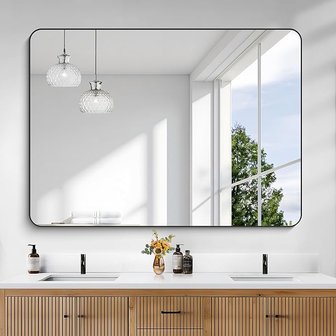 KOCUUY Black Bathroom Mirror 55"x40", Large Vanity Mirror with Rounded Corner, Metal Black Frame with Mordern Design for Bathroom, Living Room, Entryway, Hang Horizontal/Vertical