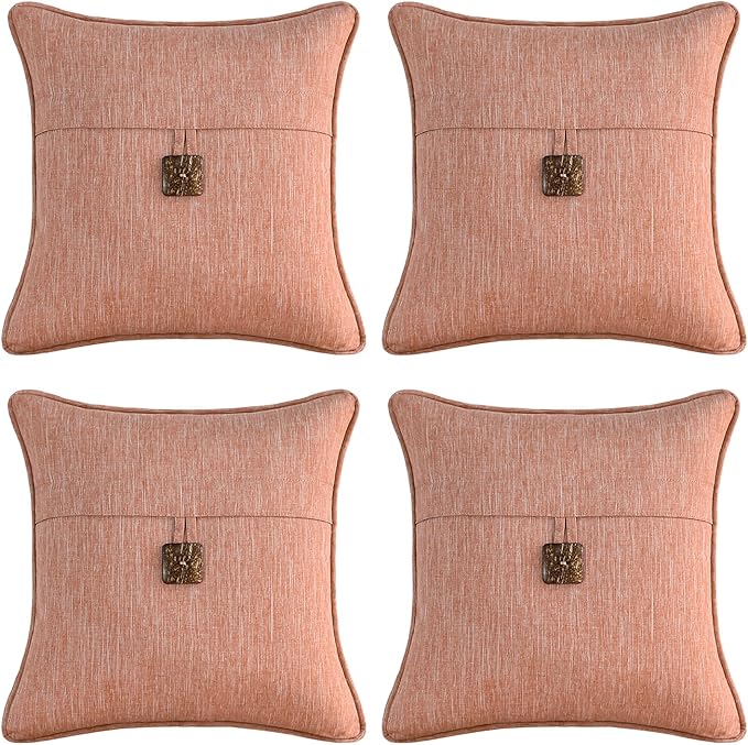 Outdoor Decorative Pillows with Coconut Button Pack of 4, 16" x 16" Outdoor Pillow Set for Couch Bed Throw Patio Sofa, Light Lotus Red